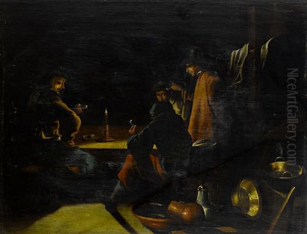 Figures Sewing And Spinning In An Interior (+ A Tavern Interior With Topers Smoking Pipes; Pair) by Justus Junker