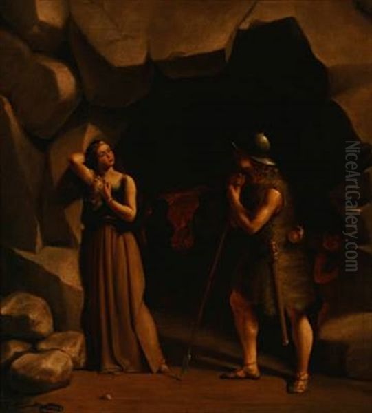 Scene From Nordic Mythology. A Young Lady And A Young Warrior In Front Of A Cave by Fritz (Georg Urban F.) Juergensen