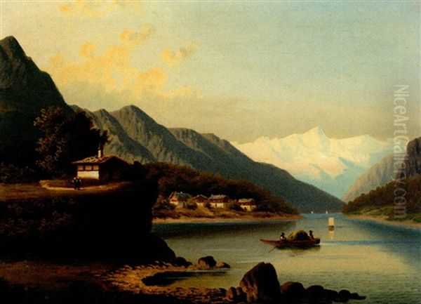 Gebirgslandschaft Mit Kirchdorf An Einem See Mit Ubersetzendem Boot Und Gletscherhorizont by Carl Kahler