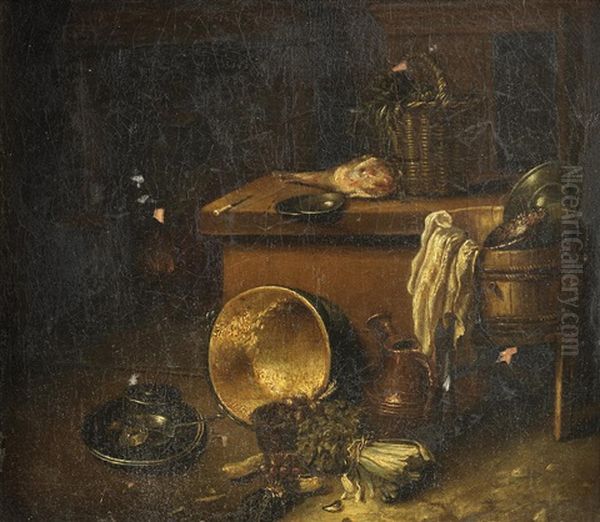 A Kitchen Still Life With Bundle Of Radishes, Kale, A Knuckle Of Pork, Brass And Wooden Kitchenware, Trunk And Open Cupboard by Willem Kalf