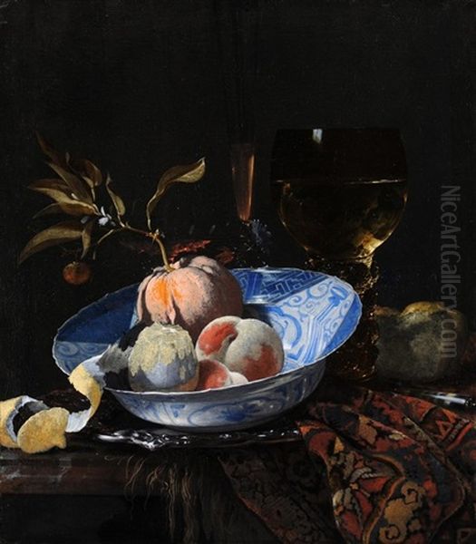 Stilleben Mit Geschalter Zitrone, Pfirsich Und Orange In Einer Wanli-schale, Einem Grossen Romer Und Weinglaser A La Facon De Venise Auf Gedecktem Tisch by Willem Kalf