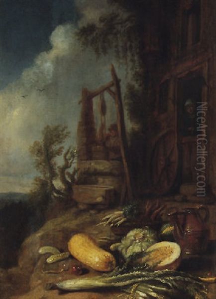 Landscape With A Peasant At A Well, A Still Life Of Vegetables In The Foreground by Willem Kalf