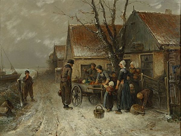 Personnages Aupres Du Chariot A Fruits En Hiver by Johannes Marius ten Kate