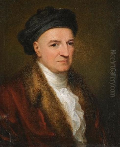 Portrait Of Giovanni Volpato, Wearing A Red Fur-lined Jacket And Black Hat by Angelika Kauffmann