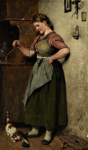 Dirndl Beim Spielen Mit Einer Katze by Hugo Wilhelm Kauffmann