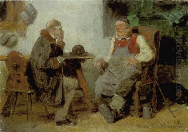 Schankwirt Und Sein Stammgast Am Tisch Im Gesprach by Hugo Wilhelm Kauffmann