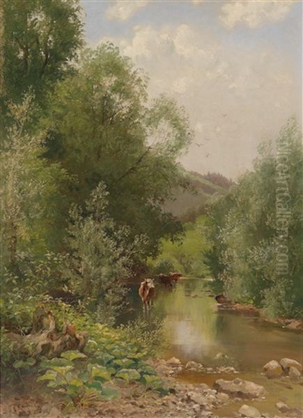 Sommerliche Flusslandschaft Mit Kuhen by Adolf Kaufmann