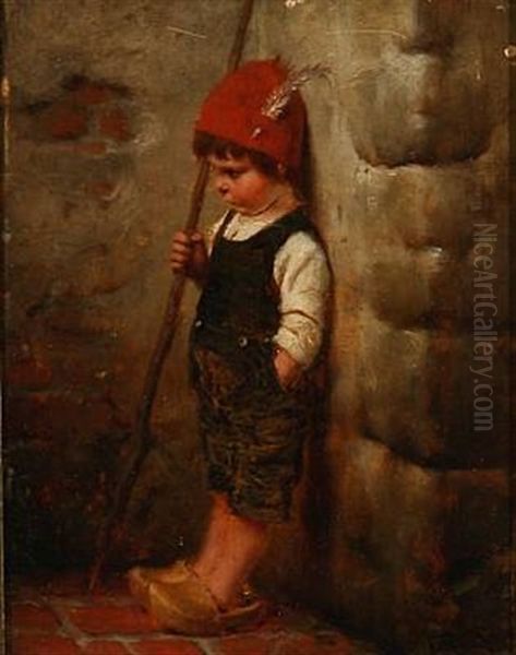 A Sulky German Shepherd Boy In A Stone Corner by Hermann Kaulbach