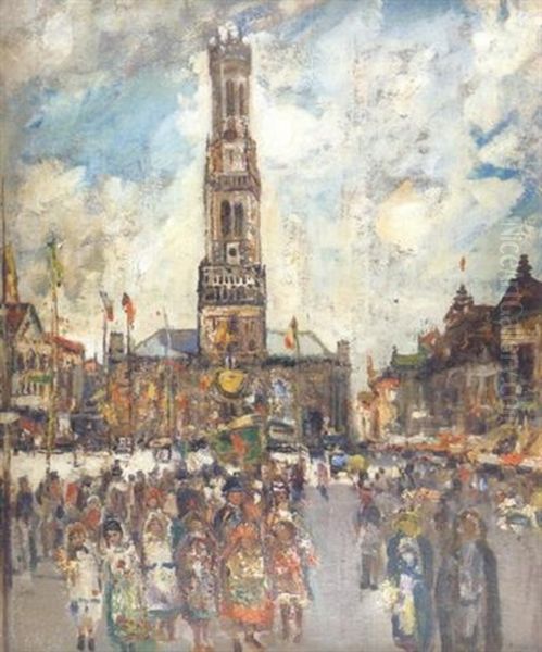 Figures In A Busy Market Square, Bruges by James Kay