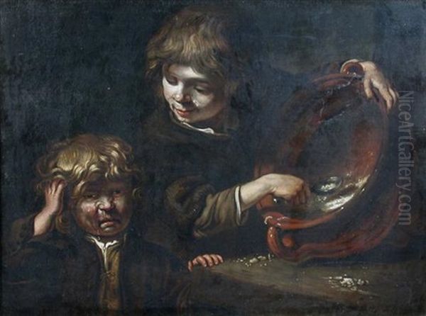 Two Boys Squabbling Over A Bowl Of Gruel by Bernhard Keil