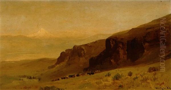 A Cowboy Herding Cattle With Mount Hood In The Distance by William Keith