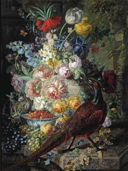 An Arrangement Of Tulips, Rozes, Irises, Narcissus, Grapes, White Currants, A Peach And A Strawberry, With A Pheasant And A Mouse By A Chinese Bowl... by Jan Kelderman