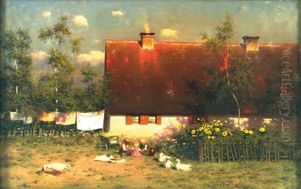 Idyll Auf Dem Lande - Spielende Kinder Und Ganse Im Garten Neben Dem Bauernhaus by Paul Wilhelm Keller-Reutlingen