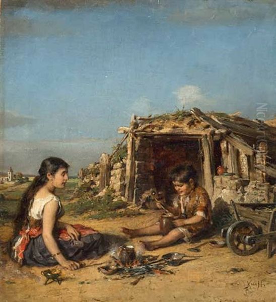 Zwei Zigeunerkinder Vor Einem Lagerfeuer by Hermann Kern