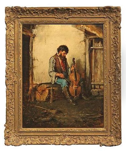 Gambe Spielender Bauer, Auf Einem Baumstamm Sitzend by Hermann Kern