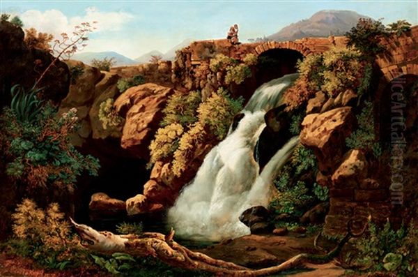 Landscape With Waterfall (italian Landscape) by Lipot (Leopold) Kerpel