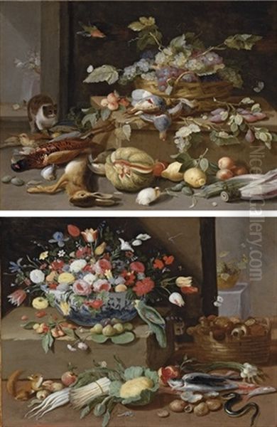 A Basket Of Grapes, (+ A Porcelain Bowl Of Tulips, Roses And Irises; Pair) by Jan van Kessel the Elder