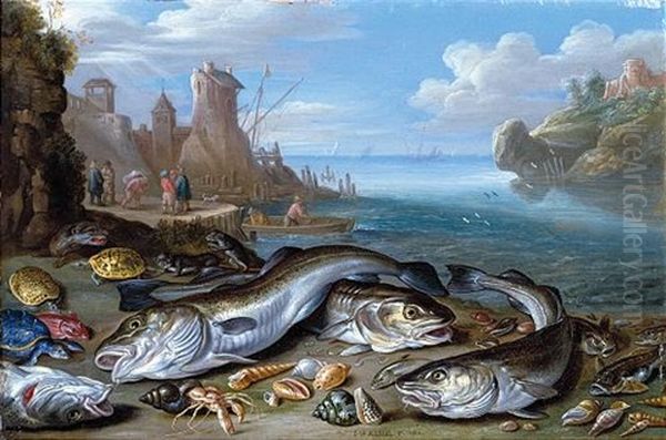 A Harbour Scene With Fish, Crustaceans, Tortoises And Turtles And Otters On A Beach, A Harbour Beyond by Jan van Kessel the Elder