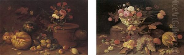 Still Life Of Roses & Carnations In Glass Vase, On A Terracotta Plinth, With Butterflies, Honey Melons, Figs, Fruit & A Guinea Pig, Upon A Stone Ledge by Jan van Kessel the Elder