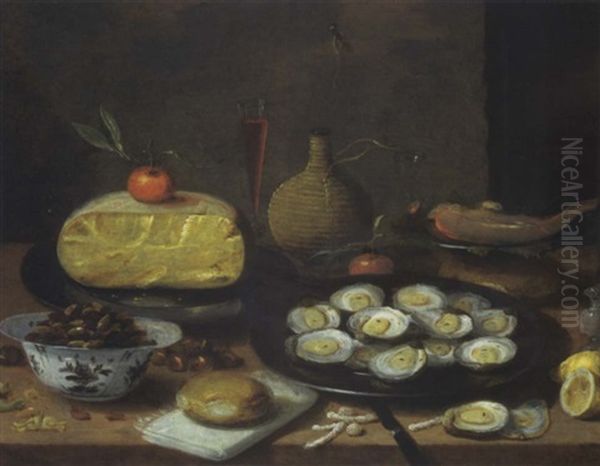 A Breakfast Still Life Of Oysters On A Pewter Plate, A Half Cheese, Bread, Hazelnuts, Lemons, A Pepper Pot, And A Glass Of Red Wine On A Table by Jan van Kessel the Elder