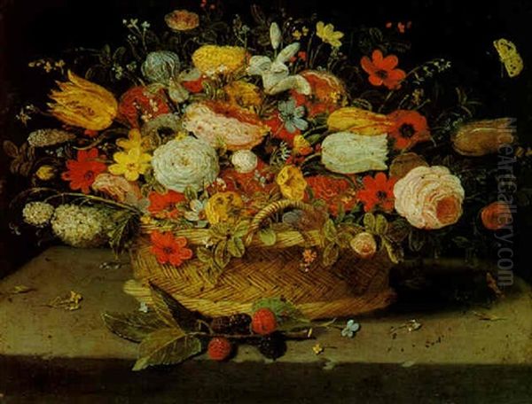 Still Life Of Flowers In A Basket, On A Stone Ledge, With Blackberries And Other Flowers by Jan van Kessel the Elder