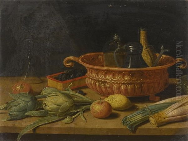 Still Life Of Fruit, Vegetables, A Copper Pot And Other Objects On A Table by Jan van Kessel the Younger