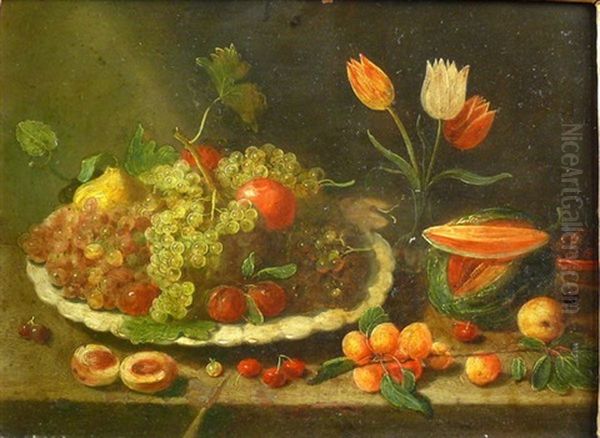 Fruchtstillleben Mit Trauben, Pfirsichen, Melone Und Tulpen by Jan van Kessel the Younger