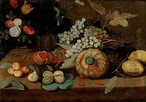 A Melon, Grapes, Oranges, Lemons And A Glass Bowl Of Flowers On A Ledge by Jan van Kessel the Younger