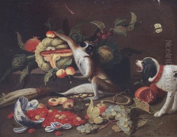 A Monkey With A Melon, An Artichoke, Peaches And A Cabbage On A Stone Ledge, An Overturned Bowl With Strawberries, Grapes And Celery, A Dog Nearby by Jan van Kessel the Younger