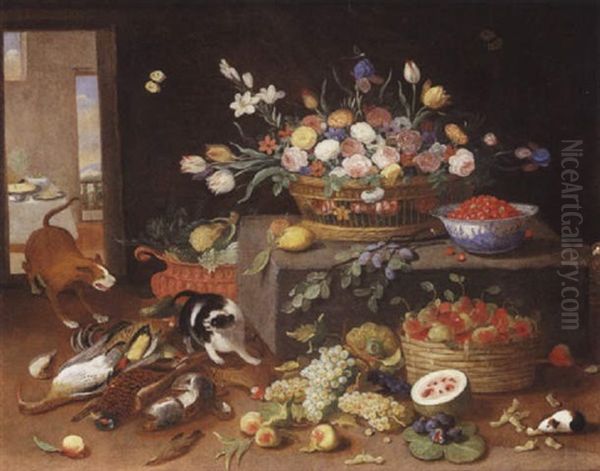 Chien Et Chat Se Disputant Dans Un Garde-manger by Jan van Kessel the Younger