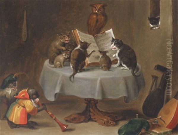 A Musical Concert With A Feline Choir And A Monkey Playing An Oboe by Ferdinand van Kessel