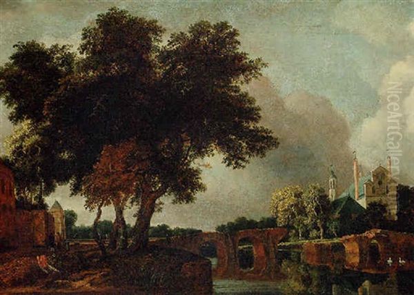 A Wooded River Landscape With A Stone Bridge, A Church Beyond by Jan van Kessel