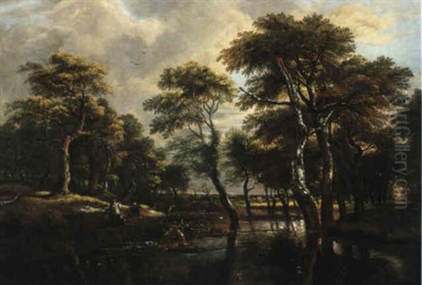 Hunters In A Wooded Landscape by Jan van Kessel