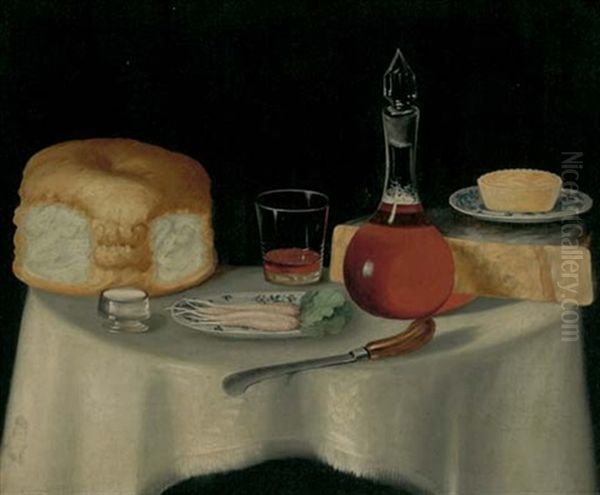 A Still Life With Bread, Cheese, A Pie, Radishes In A Dish, And A Decanter Of Ale, On A Table by Thomas Keyse