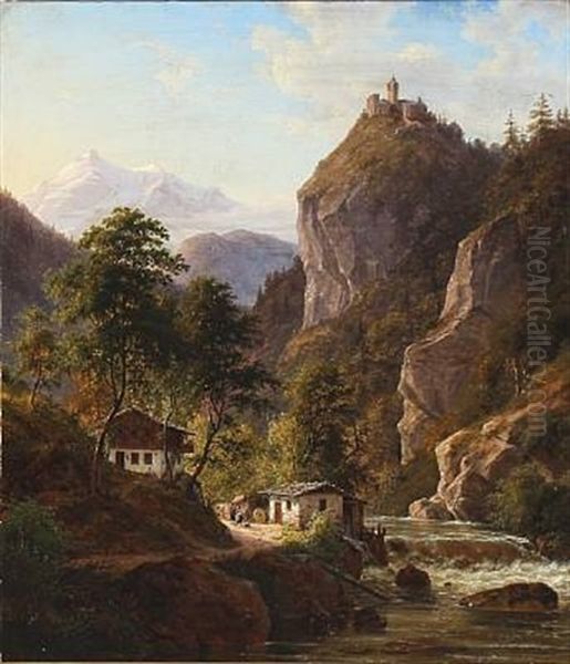 Alpine Landscape With A Foaming River And A Castle On The Mountain Top. Presumably From Tyrol by Frederik Christian Jacobsen Kiaerskou