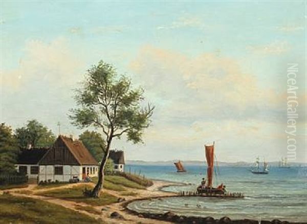 Coastal Scenery With A Farm And Ships At The Sea by Frederik Christian Jacobsen Kiaerskou