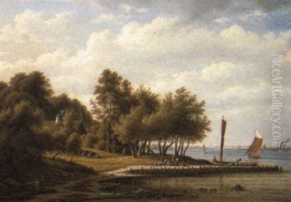 A Coastal Landscape With Figures By A Jetty by Frederik Christian Jacobsen Kiaerskou