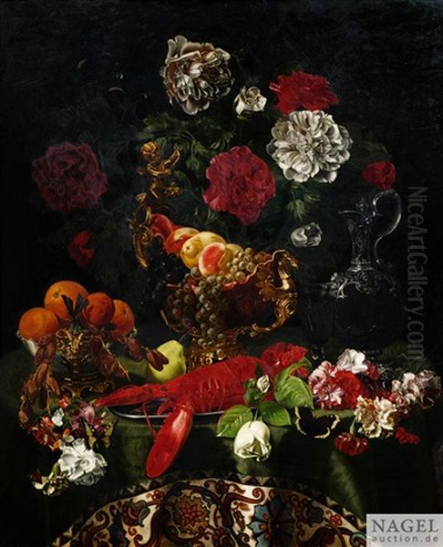 Prunkstilleben Mit Blumen, Obst, Nautiluspokal Und Hummer by Julius Cornelius Kienlin