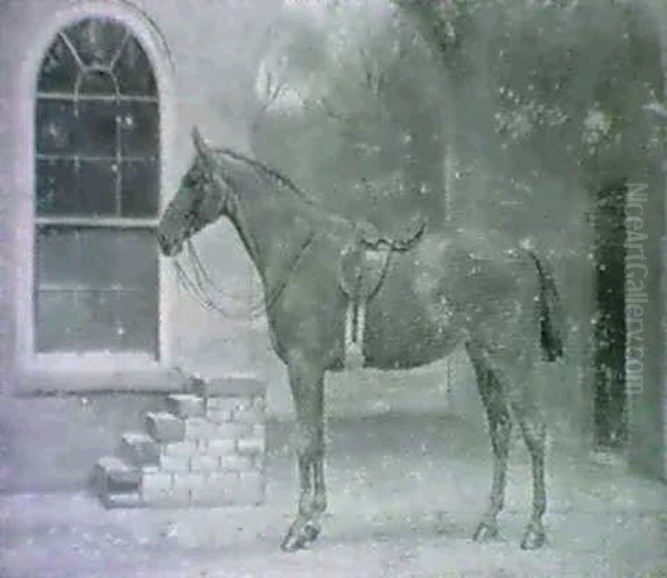 Jemima, A Saddled Chestnut Mare In A Yard;                  Together With An Oil Painting By Walter Harrowing by George Goodwin Kilburne