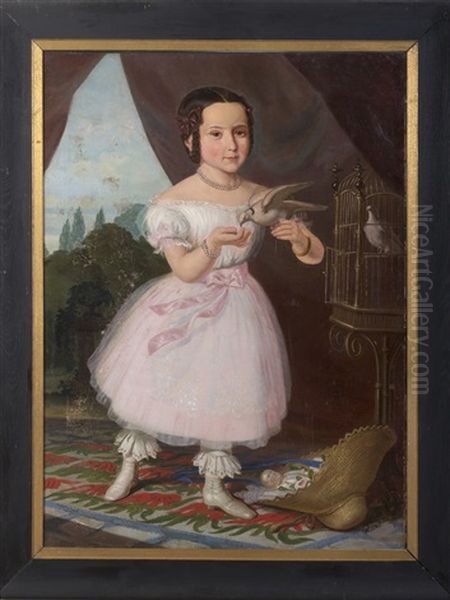 Portrait Of A Young Girl In Pink Standing Beside A Gilded Birdcage And Holding A Dove by Ferenc Kilmkovics