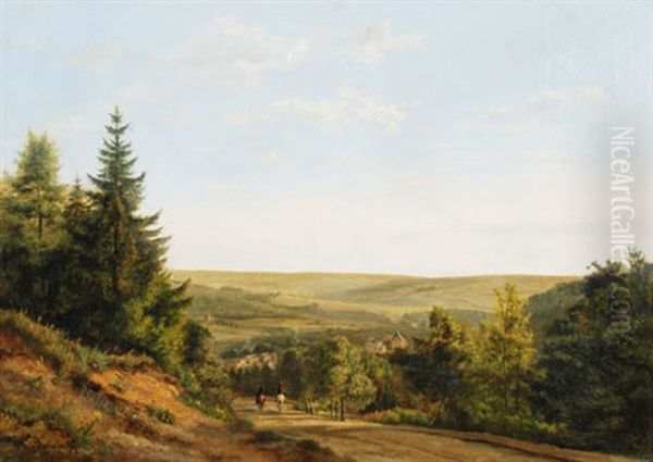 Weite Landschaft Mit Reitern Und Blick Auf Eine Hausergruppe by Jean Baptiste Kindermans