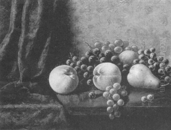 A Still Life With Grapes And Peaches On A Ledge by Albert Francis King