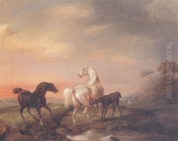 Wild Horses In A River Landscape by Carl Fredrik Kiorboe