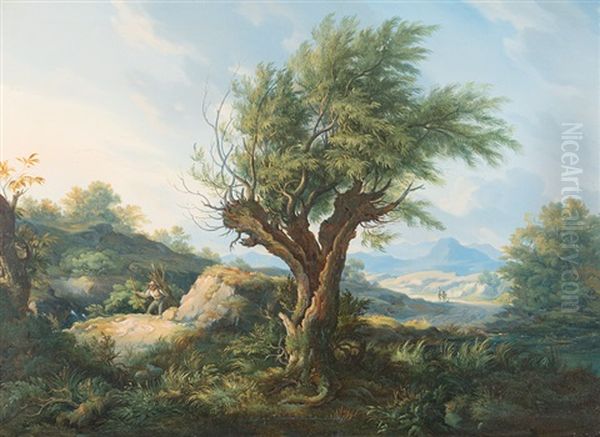 Hugelige Landschaft Mit Figurenstaffage - Im Vordergrund Ein Alter Weidenbaum by Albert Emil Kirchner