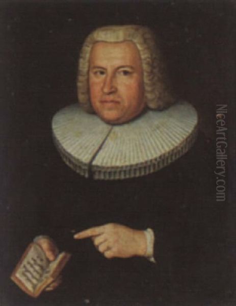 A Portrait Of Zacharias Handler Wearing A Black Dress With A White Lace Collar And A Wig, Holding A Bible by Nikolaus Moritz Kleemann