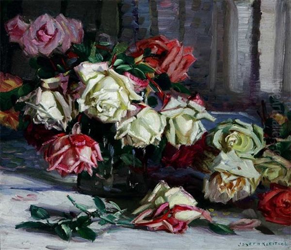 Still Life Roses In Glass Vase by Joseph Kleitsch