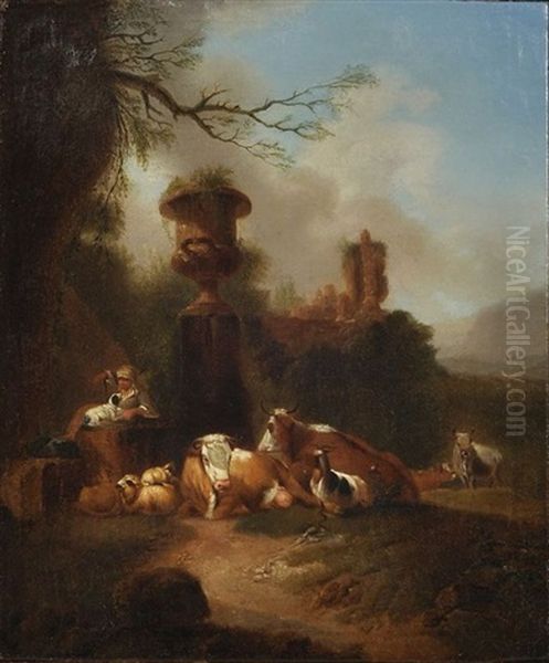 Arkadische Landschaft Mit Hirtin Und Haustierherde (after Johann Heinrich Roos) by Johann Christian Klengel