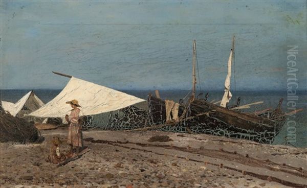 Fischerboote Am Strand by Fritz Von Kleudgen