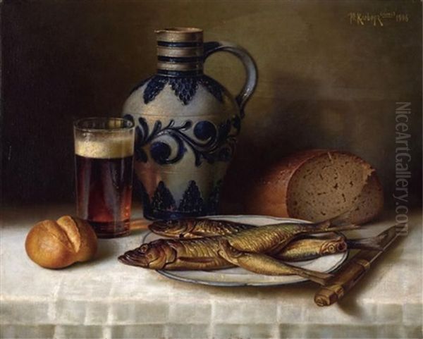 Still Life With Fish, Bread And Beer On A Table by Yuliy Yulevich (Julius) Klever