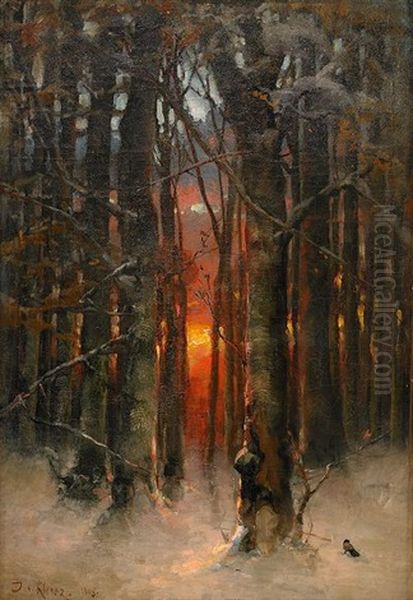 Sunset In The Winter Forest Oil Painting - Yuliy Yulevich (Julius) Klever